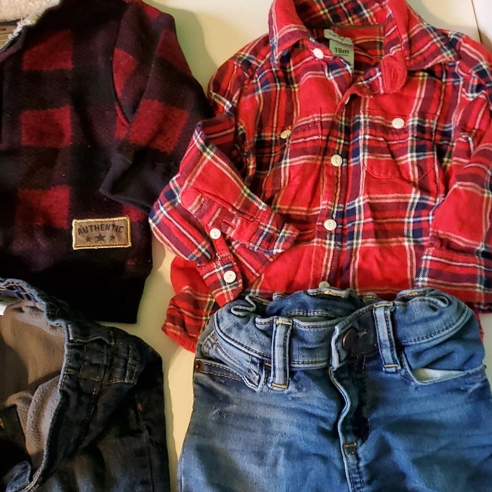 Boys 18mo plaid and jean bundle 2 sets warm clothes.